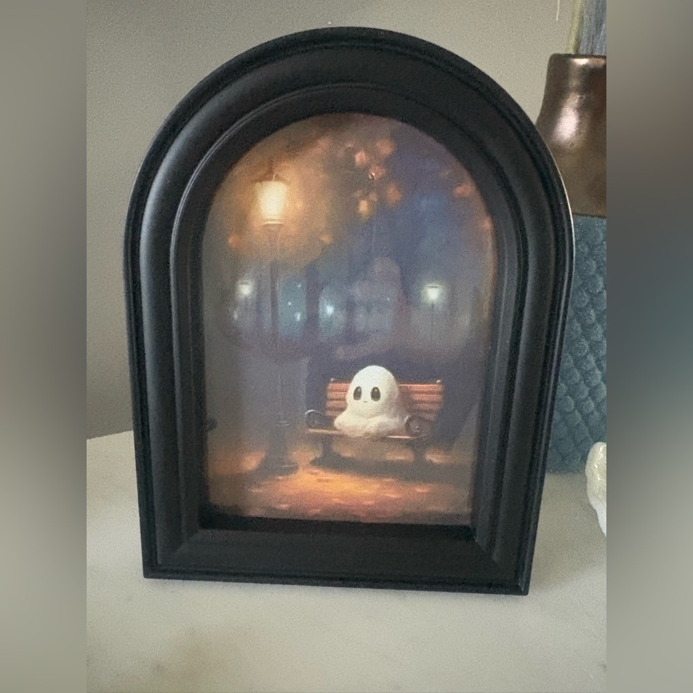 Vintage-Inspired Cute Ghost Art, Oval Landscape Decor  Scene, Halloween, Gothic